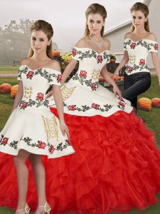 Extravagant White And Red Lace Up 15 Quinceanera Dress Embroidery and Ruffles Sleeveless Floor Length
