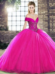 Lace Up Vestidos de Quinceanera Fuchsia for Military Ball and Sweet 16 and Quinceanera with Beading Brush Train