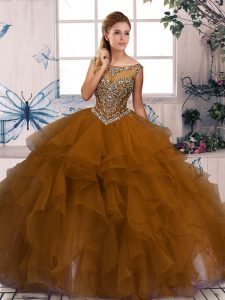 Artistic Brown Ball Gowns Scoop Sleeveless Organza Floor Length Zipper Beading and Ruffles Sweet 16 Quinceanera Dress