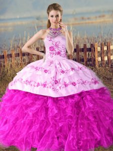 Latest Organza Halter Top Sleeveless Court Train Lace Up Embroidery and Ruffles Quinceanera Dresses in Fuchsia