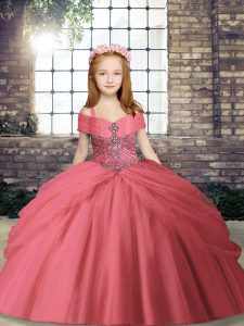 Wonderful Sleeveless Floor Length Beading Lace Up Little Girl Pageant Gowns with Watermelon Red