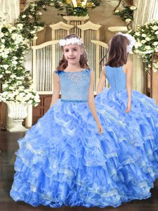 New Style Blue Scoop Zipper Beading and Ruffles Pageant Gowns For Girls Sleeveless