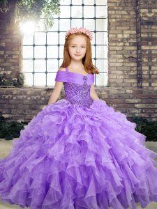 Beauteous Lavender Ball Gowns Straps Sleeveless Organza Floor Length Lace Up Beading and Ruffles Pageant Gowns For Girls