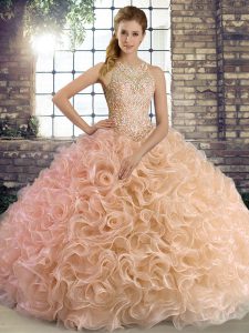 Fabulous Floor Length Peach Quinceanera Gowns Fabric With Rolling Flowers Sleeveless Beading