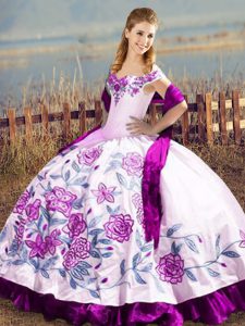 Sleeveless Satin and Organza Floor Length Lace Up Quinceanera Gowns in Purple with Embroidery