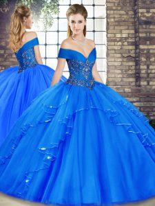 Royal Blue Ball Gowns Off The Shoulder Sleeveless Tulle Floor Length Lace Up Beading and Ruffles Quinceanera Dress