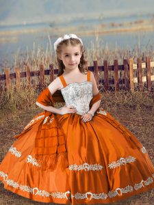 Orange Red Satin Lace Up Straps Sleeveless Floor Length Pageant Gowns For Girls Beading and Embroidery