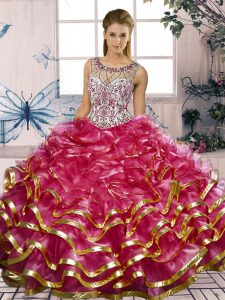 Admirable Ball Gowns Quince Ball Gowns Fuchsia Scoop Organza Sleeveless Floor Length Lace Up