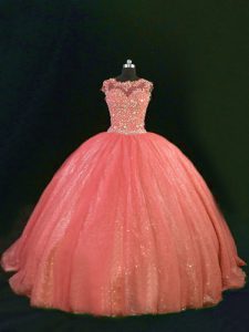 Admirable Orange Tulle Lace Up Ball Gown Prom Dress Sleeveless Floor Length Beading and Lace