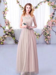 Fashionable Sleeveless Floor Length Lace and Belt Side Zipper Quinceanera Court Dresses with Pink