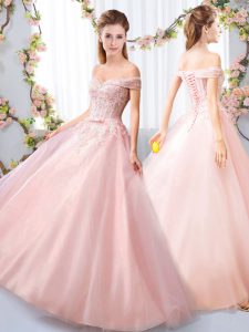Dazzling Floor Length Pink Vestidos de Damas Off The Shoulder Sleeveless Lace Up