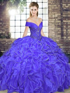 Lavender Ball Gowns Off The Shoulder Sleeveless Organza Floor Length Lace Up Beading and Ruffles Quince Ball Gowns