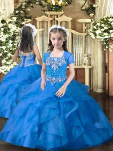 Sleeveless Tulle Floor Length Lace Up Little Girl Pageant Dress in Blue with Beading and Ruffles