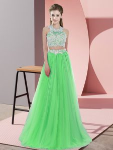 Green Zipper Halter Top Lace Dama Dress Tulle Sleeveless