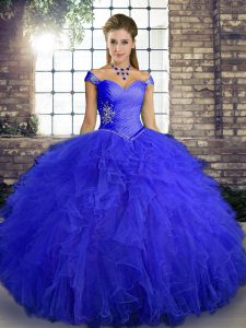 Traditional Sleeveless Floor Length Beading and Ruffles Lace Up Sweet 16 Dresses with Royal Blue