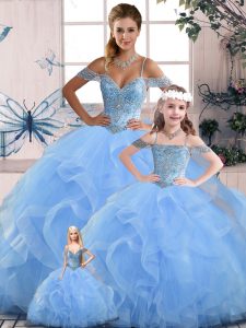 Enchanting Floor Length Lace Up Ball Gown Prom Dress Blue for Sweet 16 and Quinceanera with Beading and Ruffles