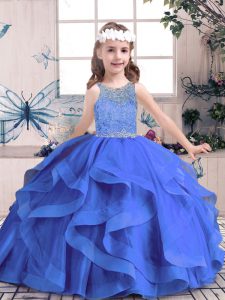 Trendy Blue Scoop Lace Up Beading and Ruffles Kids Formal Wear Sleeveless