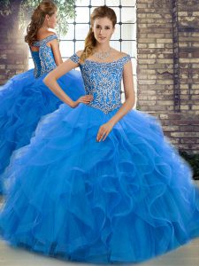 Latest Sleeveless Brush Train Beading and Ruffles Lace Up Sweet 16 Dress