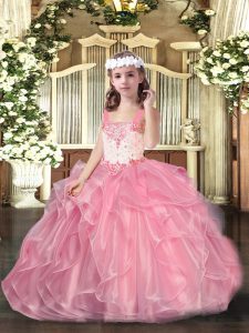 Cheap Pink Organza Lace Up Straps Sleeveless Floor Length Little Girls Pageant Dress Beading and Ruffles