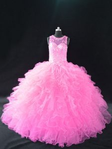 Organza Scoop Sleeveless Lace Up Beading and Ruffles Quinceanera Dress in Baby Pink