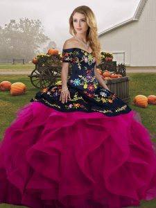 Sleeveless Tulle Floor Length Lace Up Quinceanera Gowns in Fuchsia with Embroidery and Ruffles