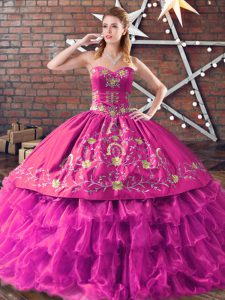 Ball Gowns 15 Quinceanera Dress Fuchsia Sweetheart Satin and Organza Sleeveless Floor Length Lace Up