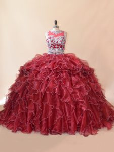 Vintage Organza Scoop Sleeveless Brush Train Zipper Beading and Lace and Appliques 15 Quinceanera Dress in Red