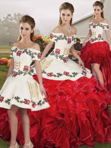 Floor Length White And Red Quinceanera Dresses Off The Shoulder Sleeveless Lace Up