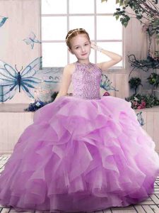 Lilac Scoop Zipper Beading and Ruffles Child Pageant Dress Sleeveless