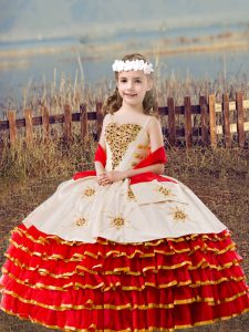 Customized Floor Length Red Pageant Gowns For Girls Straps Sleeveless Lace Up