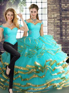Clearance Aqua Blue Two Pieces Off The Shoulder Sleeveless Tulle Floor Length Lace Up Beading and Ruffled Layers Quinceanera Dresses