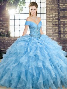 Cheap Blue Sleeveless Organza Brush Train Lace Up Quinceanera Gowns for Military Ball and Sweet 16 and Quinceanera