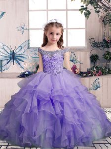 Lavender Lace Up Off The Shoulder Beading and Ruffles Pageant Gowns For Girls Organza Sleeveless