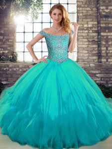Aqua Blue Sleeveless Tulle Lace Up Sweet 16 Dress for Military Ball and Sweet 16 and Quinceanera