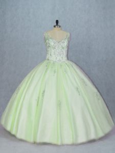 Modest Yellow Green Ball Gown Prom Dress V-neck Sleeveless Lace Up