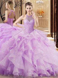Elegant Sleeveless Organza Brush Train Lace Up Quinceanera Gowns in Lilac with Beading and Ruffles
