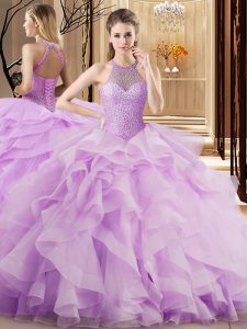 Elegant Sleeveless Organza Brush Train Lace Up Quinceanera Gowns in Lilac with Beading and Ruffles