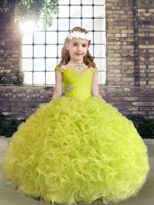 Custom Design Yellow Green Sleeveless Beading and Ruffles Floor Length Little Girls Pageant Dress