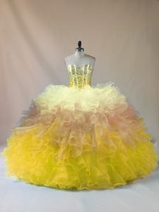 Floor Length Multi-color Ball Gown Prom Dress Organza Sleeveless Beading and Ruffles