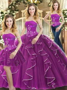 Glorious Sleeveless Floor Length Beading and Ruffles Lace Up Quinceanera Dress with Purple
