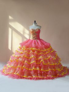 Colorful Pink Sweetheart Neckline Beading and Ruching Ball Gown Prom Dress Sleeveless Lace Up