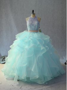 Edgy Beading and Ruffles Vestidos de Quinceanera Light Blue Backless Sleeveless Floor Length