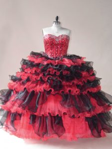 Red And Black Ball Gowns Organza Sweetheart Sleeveless Beading and Ruffled Layers Floor Length Lace Up Quinceanera Gowns