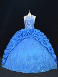 Halter Top Sleeveless Lace Up 15th Birthday Dress Blue Taffeta