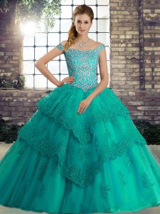 Wonderful Sleeveless Tulle Brush Train Lace Up Quinceanera Dress in Turquoise with Beading and Lace
