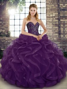 Sleeveless Floor Length Beading and Ruffles Lace Up Quinceanera Dress with Dark Purple