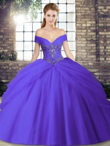Super Purple Sleeveless Brush Train Beading and Pick Ups Quinceanera Dress