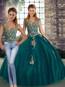 Peacock Green Tulle Lace Up Straps Sleeveless Floor Length 15 Quinceanera Dress Beading and Appliques