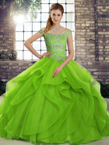 Stylish Green Lace Up Off The Shoulder Beading and Ruffles Sweet 16 Dress Tulle Sleeveless Brush Train