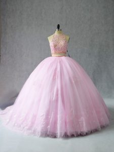 Fashionable Tulle Halter Top Sleeveless Court Train Zipper Beading and Appliques 15th Birthday Dress in Baby Pink